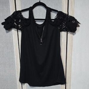 Black Cold Shoulder Crochet Lace Sleeve Zip Front Ribbed Knit Top Mens